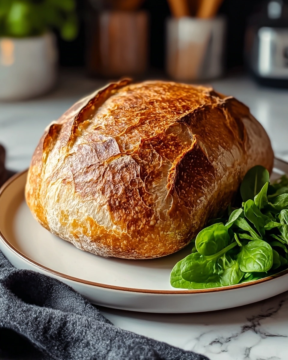A thick slice of toasted bread with a golden brown crust and soft, airy white inside is placed on the left side of a white plate, while on the right side is a small simple salad made of green arugula leaves and halved red cherry tomatoes. The plate sits on a white marbled surface with a striped cloth visible on the left side. Photo taken with an iphone --ar 4:5 --v 7