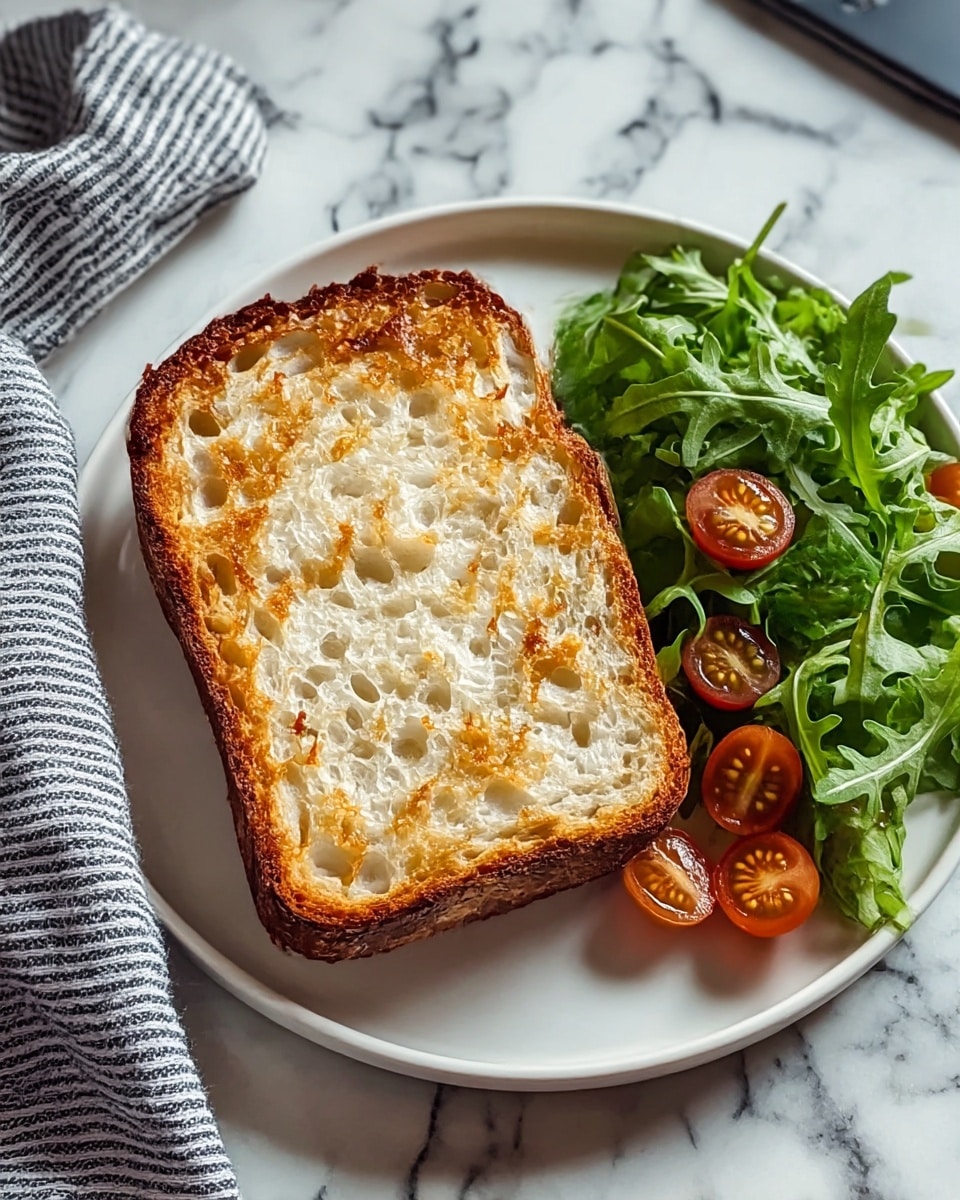 A golden-brown loaf of bread sits on a round white plate with a slightly raised edge, showing a textured crust with deep cracks and flaky layers revealing a soft, light inside. Next to the bread, on the right side of the plate, is a small bunch of fresh, green leafy herbs with smooth leaves. The plate rests on a white marbled surface with a dark grey fabric partially visible in the foreground. The background is blurred but shows kitchen items in soft focus. Photo taken with an iphone --ar 4:5 --v 7
