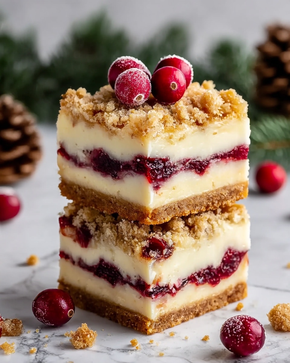 Two square cheesecake bars are stacked on a white marbled textured surface. Each bar has three main layers: a bottom crumbly light brown crust, a thick creamy white cheesecake layer in the middle, and a thin layer of deep red cranberry filling swirled within the cheesecake. The top is covered with a crumbly light brown streusel and five whole fresh red cranberries placed on the upper bar. Some crumbs are scattered around the bars, with blurred greenery and pine cones in the background. photo taken with an iphone --ar 4:5 --v 7