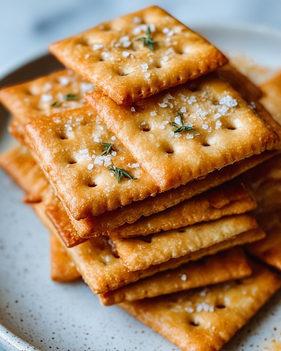 A close-up of a stack of crispy, golden-brown square crackers arranged in several overlapping layers, each cracker topped with coarse white salt crystals and small green herbs, showing a slightly rough texture with perforated holes in the middle of each piece. The stack is placed on a white plate with a subtle speckled pattern, all set against a white marbled surface. Photo taken with an iphone --ar 4:5 --v 7