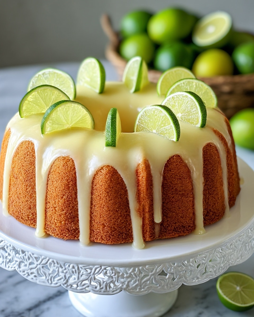 A single-layer bundt cake with a golden-brown outside texture sits on an intricate white cake stand. The top of the cake is covered with a smooth, light yellow glaze that drips unevenly down the ridged sides. Fresh lime slices, cut thin and bright green with visible juicy triangles, are evenly placed standing upright around the top edge of the cake. The background features a blurred basket of limes and some whole and halved limes on a white marbled surface below. photo taken with an iphone --ar 4:5 --v 7