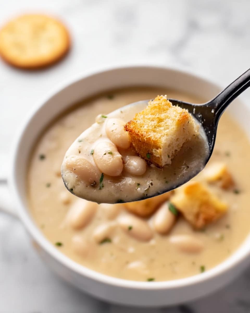 A close-up image showing a black spoon holding thick white bean soup with visible whole beans and golden-brown croutons, lifted above a white bowl filled with the same creamy soup. The soup is beige with small green herb bits. The bowl sits on a white marbled textured surface, and part of a round cracker is visible blurred in the background. Photo taken with an iphone --ar 4:5 --v 7