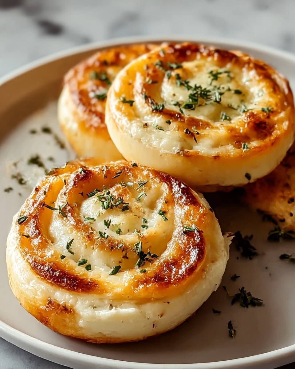 Three golden brown, spiral-shaped rolls sit closely together on a white plate. Each roll has two visible layers: a light golden, slightly shiny, and crispy outer layer with browned edges, and a thick, creamy white inner layer with a soft texture. Small pieces of finely chopped green herbs are sprinkled on top, adding a fresh contrast to the warm tones. The rolls look fluffy and moist, with a slight caramelized crust. The photo is taken on a white marbled surface, with soft, natural lighting highlighting the texture and color of the rolls. Photo taken with an iphone --ar 4:5 --v 7