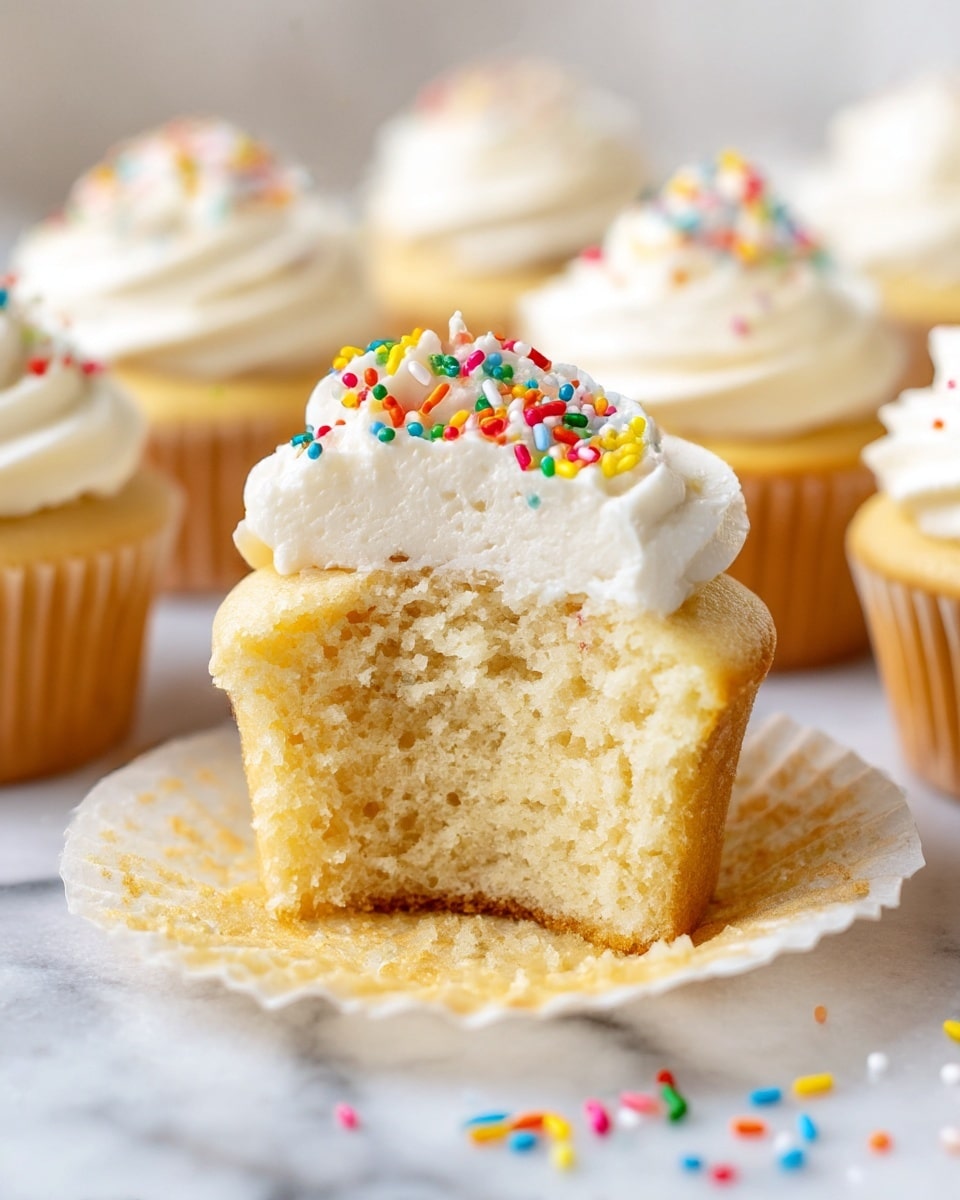A close-up shot of a vanilla cupcake with three main layers: a light golden-yellow soft cake base, a thick layer of creamy white frosting swirled thickly on top, and colorful small sprinkles scattered over the frosting. The front cupcake has a bite taken out, showing the moist sponge texture inside, sitting on a white marble surface with more cupcakes blurred in the background. A few colorful sprinkles are scattered on the surface around the cupcakes. photo taken with an iphone --ar 4:5 --v 7