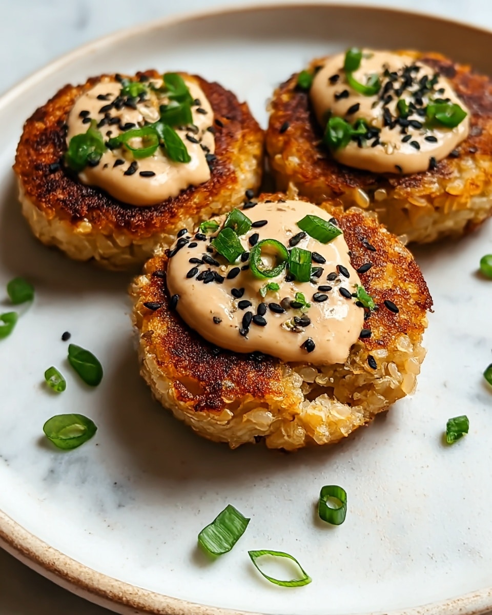 Three golden-brown rice cakes with a crispy outer layer sit on a white plate on a white marbled surface, each topped with a dollop of creamy light tan sauce, sprinkled with black sesame seeds and small green chopped scallions. The rice cakes show textured grains and appear soft inside with a browned crust, arranged close together with extra scallion pieces scattered on the plate. Photo taken with an iphone --ar 4:5 --v 7