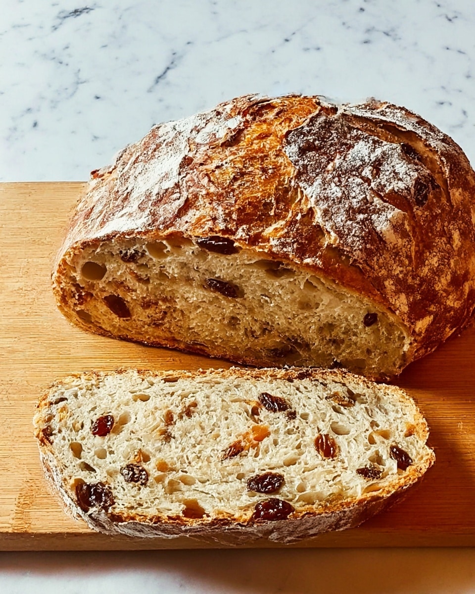 A thick loaf of rustic bread with a golden-brown crust dusted lightly with flour sits on a wooden board, with a single large slice cut and placed below the loaf. The inside of the bread is light beige, soft, and filled with visible raisins and nuts scattered evenly throughout, giving a textured look. The crust looks crunchy and rustic with uneven patterns. The image is set on a white marbled texture. photo taken with an iphone --ar 4:5 --v 7