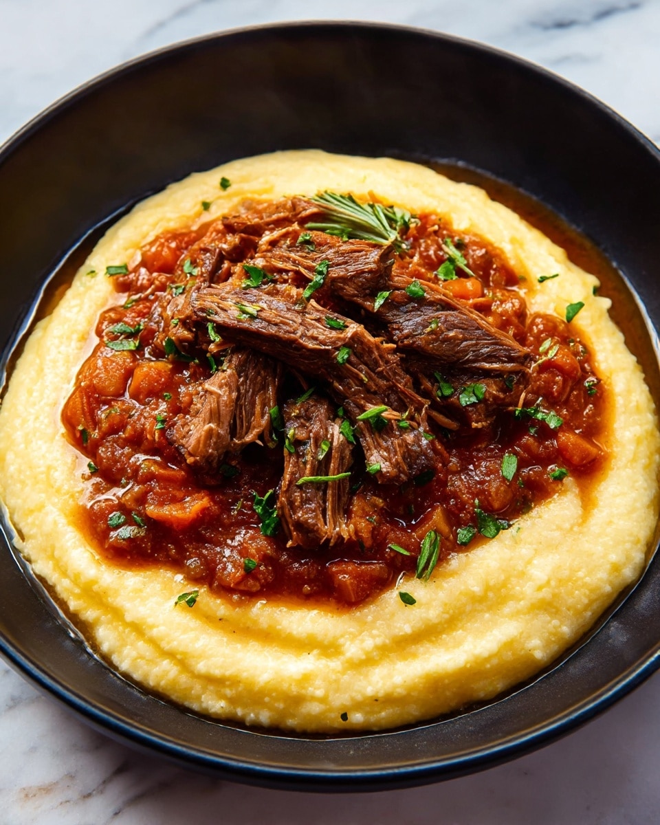 The dish shows a deep black bowl filled with creamy pale yellow polenta that forms the base layer, smooth and thick in texture. On top, there is a chunky reddish-brown stew made of small diced vegetables, likely carrots and onions, creating a textured and glossy second layer. The final layer consists of several pieces of tender, shredded dark brown meat placed on the stew, garnished with small bits of chopped fresh green herbs. The dish has some oil glistening around the edges and steam rising, placed on a white marbled surface. photo taken with an iphone --ar 4:5 --v 7