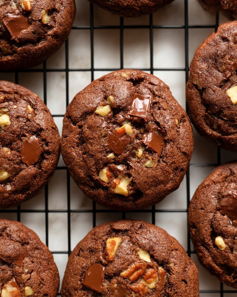 The image shows several round, thick chocolate cookies with chunks of melted chocolate and pieces of nuts visible throughout. Each cookie has a rich dark brown color with a slightly cracked, soft-looking texture on top, revealing chunks of glossy, melted chocolate and bits of light brown nuts embedded in the surface. The cookies are placed closely together on a black wire cooling rack, set over a white marbled texture. The overall look is warm and inviting, showing the cookies fresh from the oven with a soft yet firm appearance. Photo taken with an iphone --ar 4:5 --v 7
