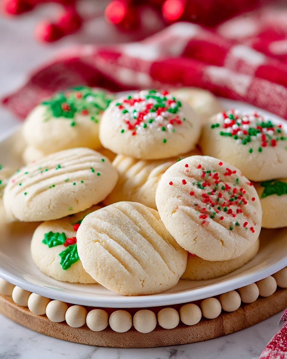 A white plate filled with soft, round cookies that have a pale, light beige color and a smooth, slightly crumbly texture. Each cookie has a top layer decorated with colorful Christmas sprinkles in red, green, and white. Some cookies have straight grooves filled with tiny round sprinkles, while others have green and red leaf-shaped sprinkle designs. The plate rests on a wooden board with round beads around its edge, placed on a white marbled surface with a red and white checkered cloth nearby. The background has soft, red blurred shapes that add warmth to the scene. Photo taken with an iphone --ar 4:5 --v 7