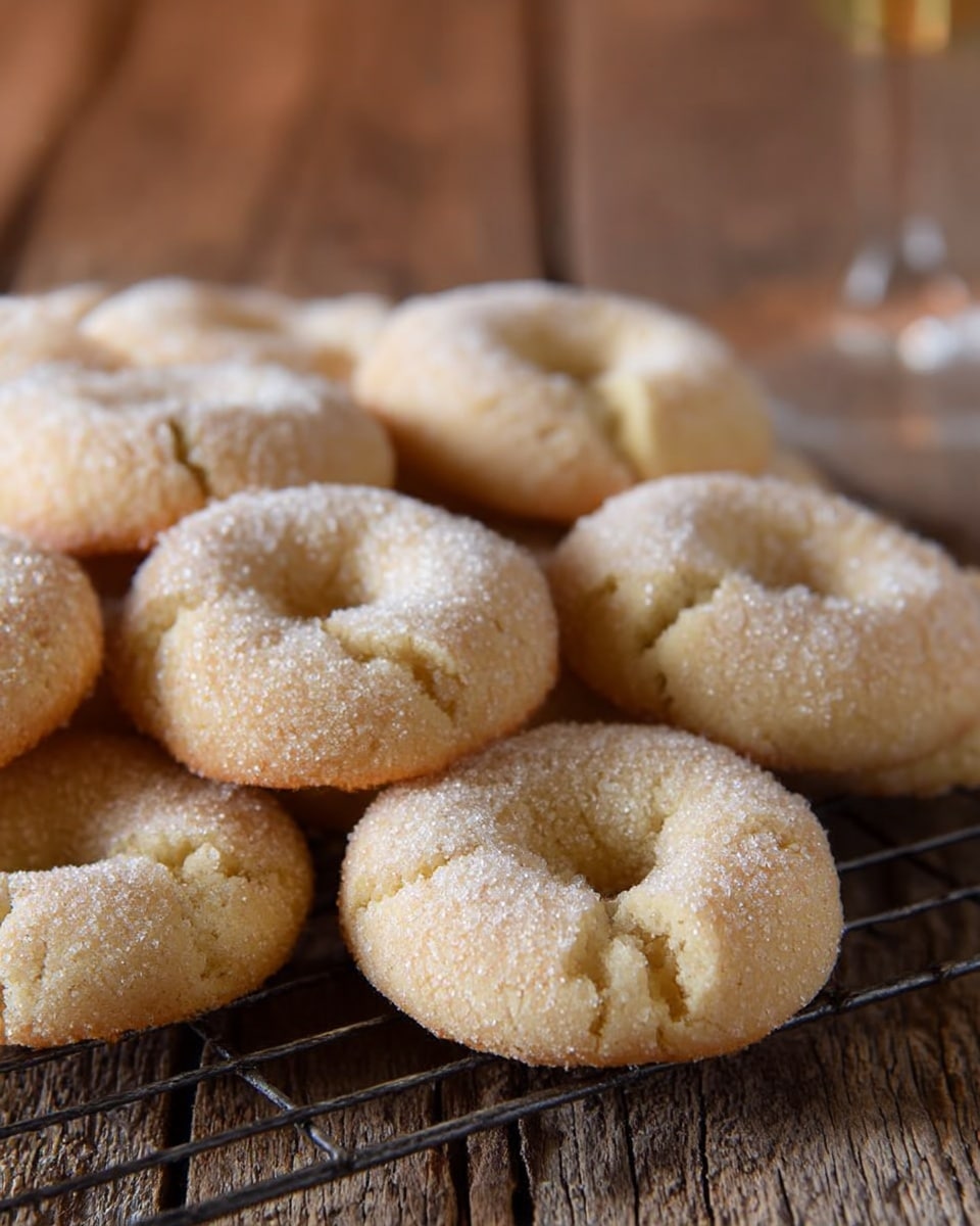 A group of light golden-brown, round cookies with a dimple in the center, each coated with a layer of white sugar crystals. The cookies are slightly cracked on the surface, showing a soft, crumbly texture. They are placed closely together on a cooling rack which rests on a rustic wooden surface. The background is softly blurred and warm-toned. photo taken with an iphone --ar 4:5 --v 7