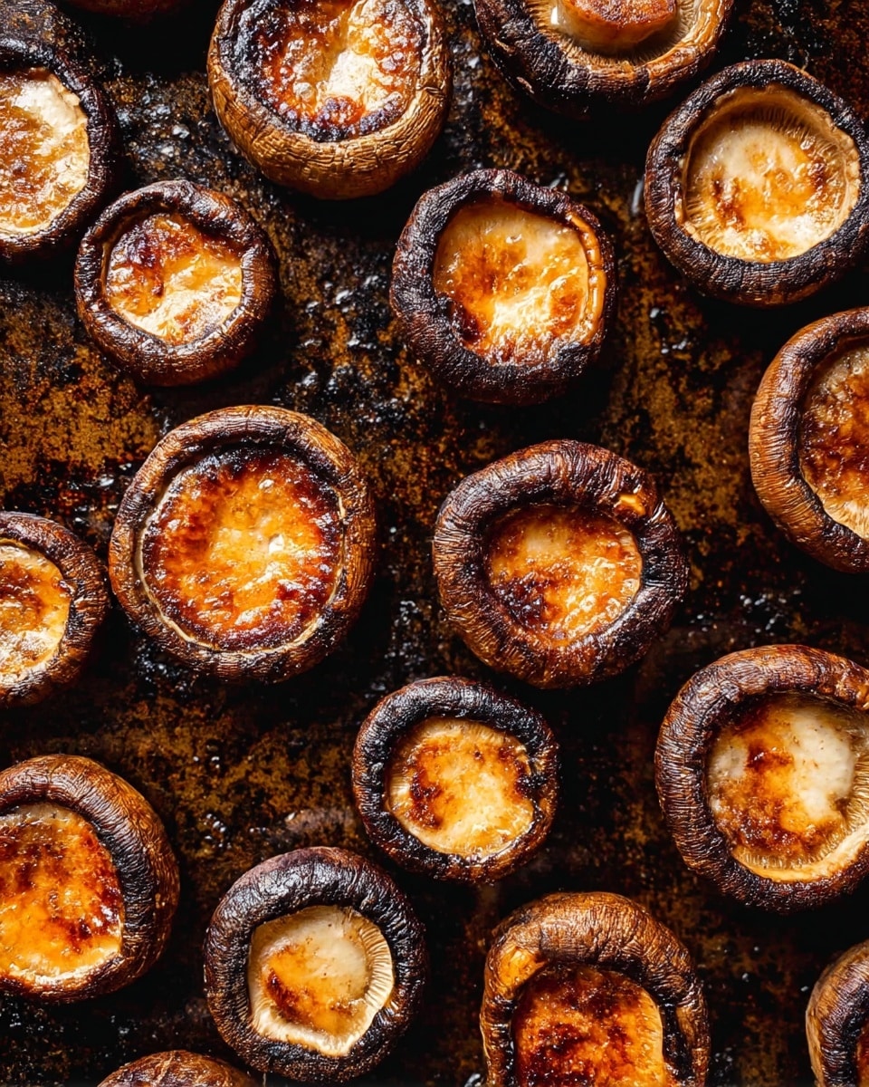 The image shows a close-up of many cooked mushroom caps arranged randomly on a dark, used baking tray with a slightly greasy look. Each mushroom cap has a thick, round shape with a dense, meat-like texture. The tops are golden brown with darker, almost black burnt edges around the rim, and a bubbly, slightly oily surface. The mushrooms vary in size but are all whole caps, with no stems attached. The tray's marks and oil spots create a rustic, well-used feeling. photo taken with an iphone --ar 4:5 --v 7