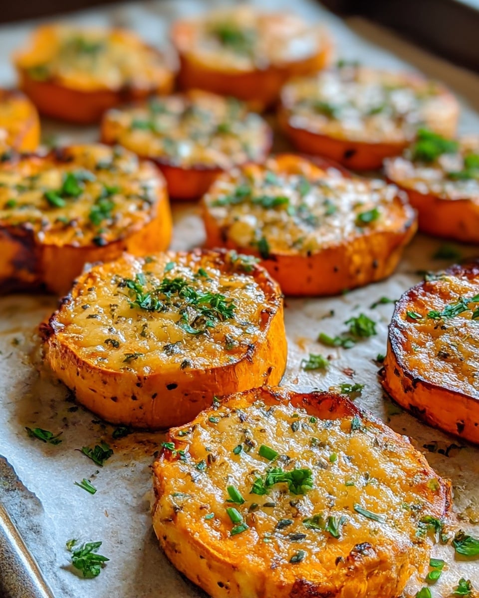 The image shows a close-up of several thick, round slices of roasted sweet potatoes arranged in two rows on a white marbled baking tray lined with parchment paper. Each slice has a golden orange color with slightly charred edges and a crispy texture on top with melted cheese and herbs scattered over them, adding a speckled green and white contrast. The cheese is lightly browned and bubbly in spots, giving a textured surface. Small bits of fresh chopped parsley and chives are sprinkled across the slices and the tray, adding a fresh green touch to the warm tones. The scene is well-lit, highlighting the glossy, roasted surfaces and the herbs. photo taken with an iphone --ar 4:5 --v 7