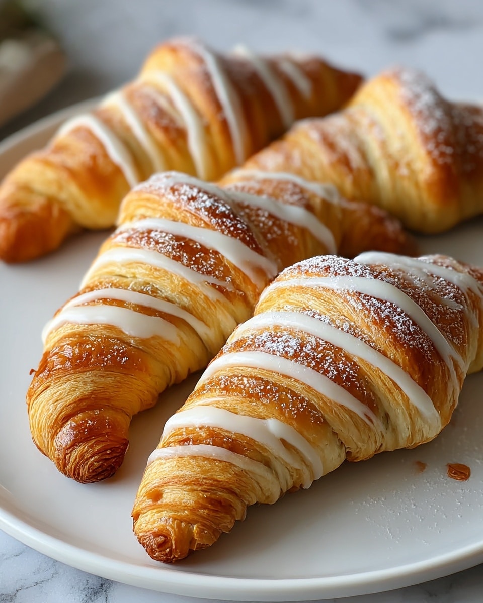 Four golden-brown croissants with many flaky layers are placed on a white plate. Each croissant is drizzled with white icing that creates smooth lines across the top, and they are lightly dusted with white powdered sugar. The croissants have a shiny, crisp texture with visible folds and swirls, showing the layers of dough. The plate is set on a white marbled surface, adding a clean and simple background to the rich pastry colors. photo taken with an iphone --ar 4:5 --v 7