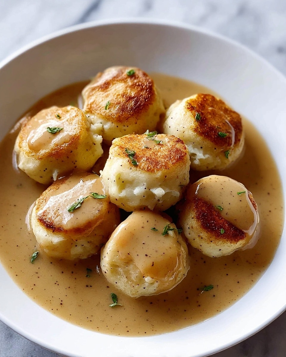 A white bowl holds six round, golden-brown dumplings with a slightly crispy texture on the outside. Each dumpling shows a soft, light cream mashed potato layer inside. A smooth, light brown gravy with visible black pepper specks coats the dumplings, pooling slightly at the bottom and dripping down the sides, giving a glossy finish. Small green herb leaves are sprinkled sparingly on the dish for a fresh touch. The bowl sits on a surface with white marbled texture. photo taken with an iphone --ar 4:5 --v 7