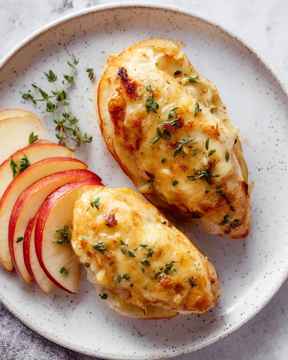Two pieces of cooked chicken breast are placed on a white plate with light speckles; each piece has a layer of thin apple slices underneath that are light red and cream colored, peeking from the sides; on top of the chicken is a golden melted cheese layer that is slightly browned in spots, sprinkled with small green herb leaves and finely chopped toasted garlic; beside the chicken, there are thin slices of red apple arranged in a fan shape with small green herbs on top; the background is a white marbled texture. photo taken with an iphone --ar 4:5 --v 7
