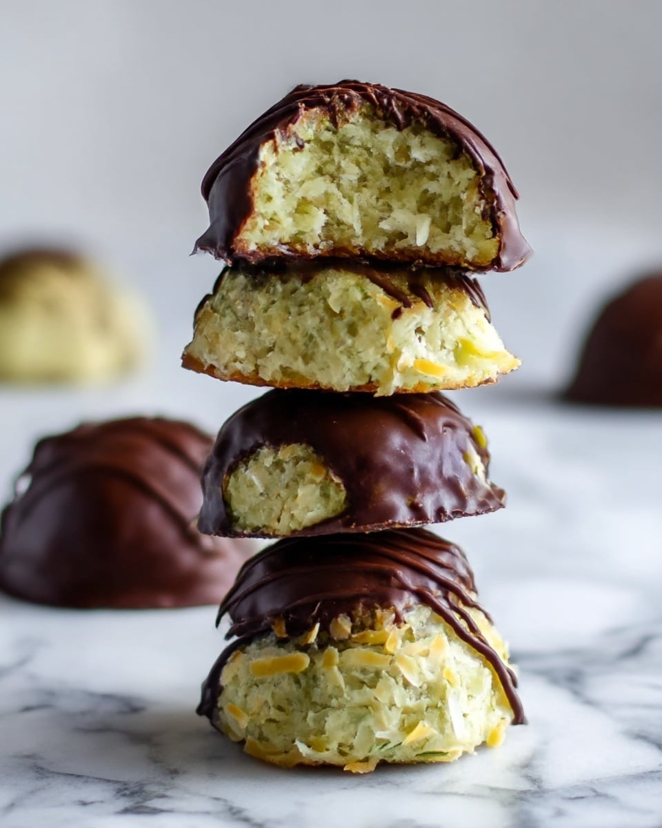 A stack of four dome-shaped coconut treats is shown on a white marbled surface; each treat has a bottom layer dipped in a thick, glossy dark chocolate with a smooth texture, and the main body is a coarse, shredded light green coconut layer with some yellowish bits, giving it a rough texture. The top treat is cut in half, revealing the fibrous inside and showing the contrast between the dark chocolate base and the shredded coconut layer above. The chocolate is also drizzled on the top of each piece in thin lines. In the background, an out-of-focus coconut treat lies on the white marbled surface. photo taken with an iphone --ar 4:5 --v 7