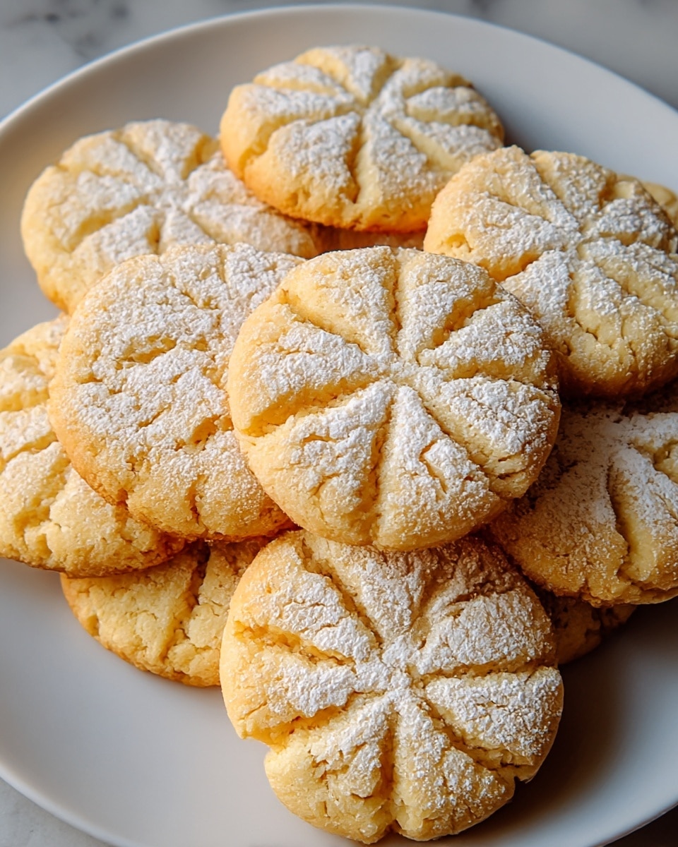 A white plate holds a pile of round, golden cookies with a crumbly texture. Each cookie has a delicate cracked pattern on top, resembling a flower or star shape, and is lightly dusted with white powdered sugar. The cookies overlap each other, creating a cozy, inviting stack on a white marbled surface. photo taken with an iphone --ar 4:5 --v 7