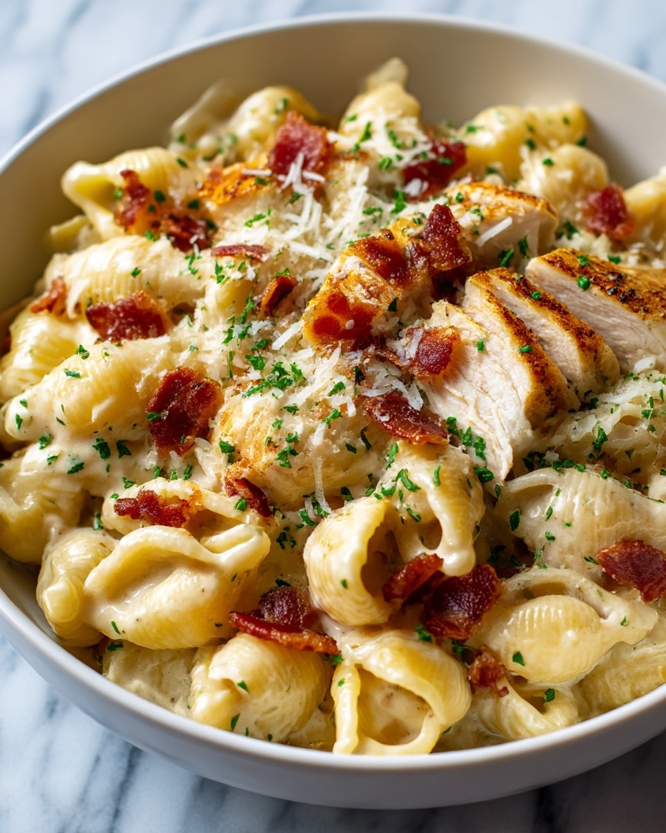 A close-up of a white bowl filled with creamy pasta made of shell-shaped noodles coated in a light yellow cheese sauce. Mixed in are pieces of grilled chicken with a golden-brown sear and scattered crispy bacon bits in reddish-brown. The dish is sprinkled with finely chopped green herbs and grated white cheese on top, sitting against a white marbled texture background. photo taken with an iphone --ar 4:5 --v 7