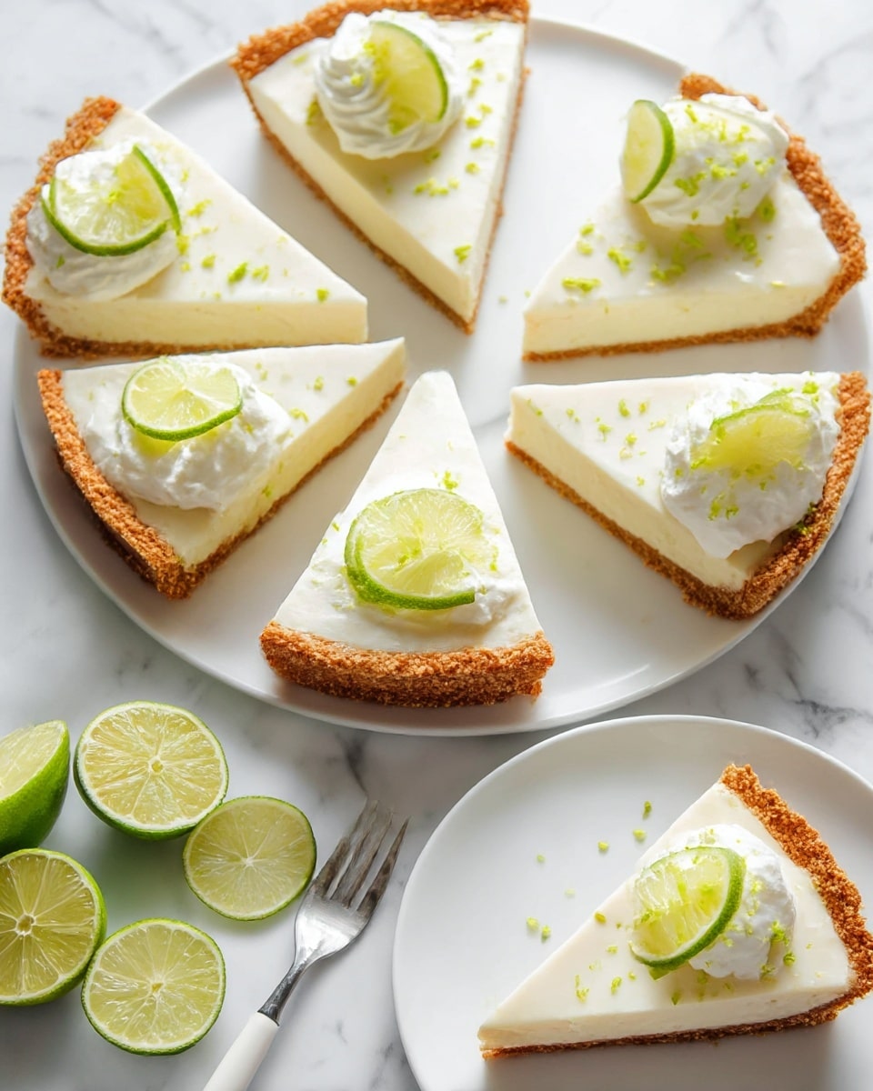A key lime pie is shown with six slices in total, five arranged in a circle on a white plate and one slice placed on a separate white plate in the foreground. Each slice has a thick, crumbly golden brown crust at the bottom and sides, with a smooth, creamy white filling. On top of each slice, there is a dollop of white whipped cream topped with thin slices of lime and lime zest scattered over the surface. The scene is set on a white marbled texture, with fresh lime halves and wedges placed near the bottom left corner. A small fork with a white handle rests on the plate with the single slice. photo taken with an iphone --ar 4:5 --v 7