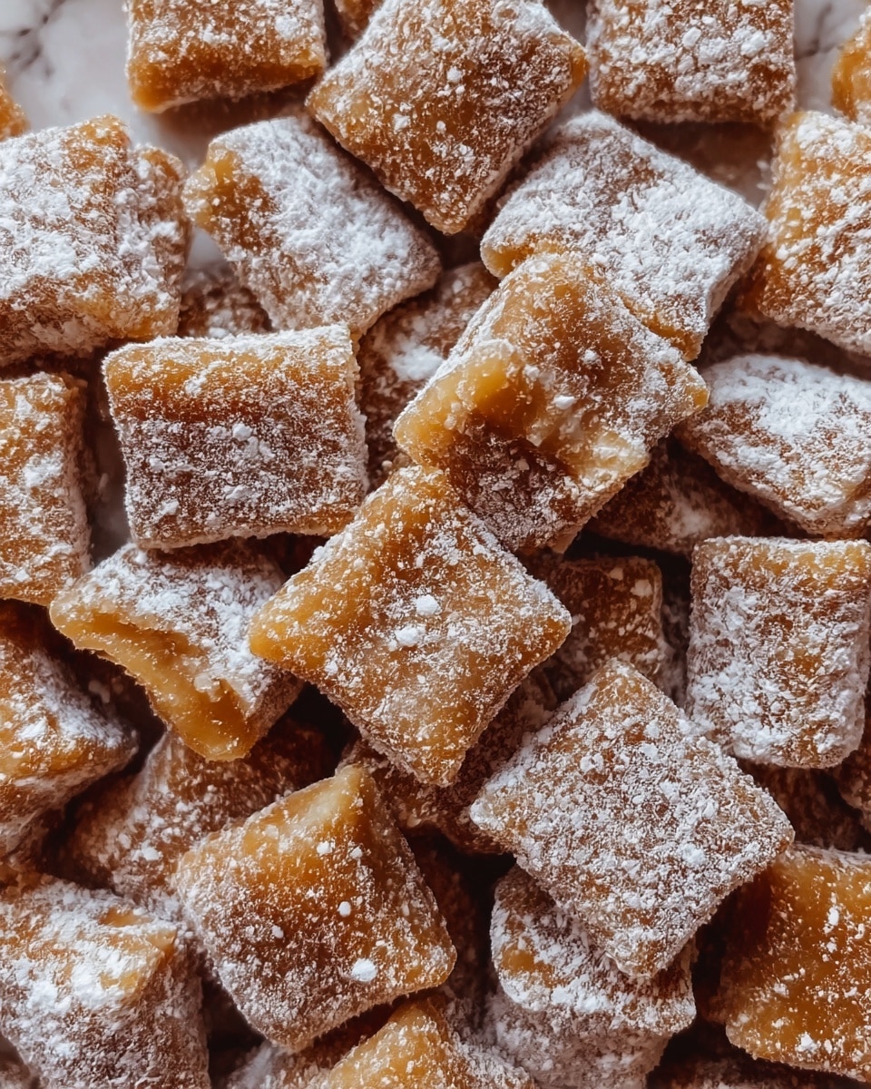 The image shows many small pillow-shaped candies covered in a light white powdered sugar dusting. Each candy is golden brown with a slightly glossy texture underneath the powdered sugar, giving a soft and chewy look. The candies have slightly crinkled edges and are piled close together, filling the whole frame with no visible plate or bowl edges. The background is a soft, white marbled texture that blends subtly with the powdered sugar on the candies. photo taken with an iphone --ar 4:5 --v 7