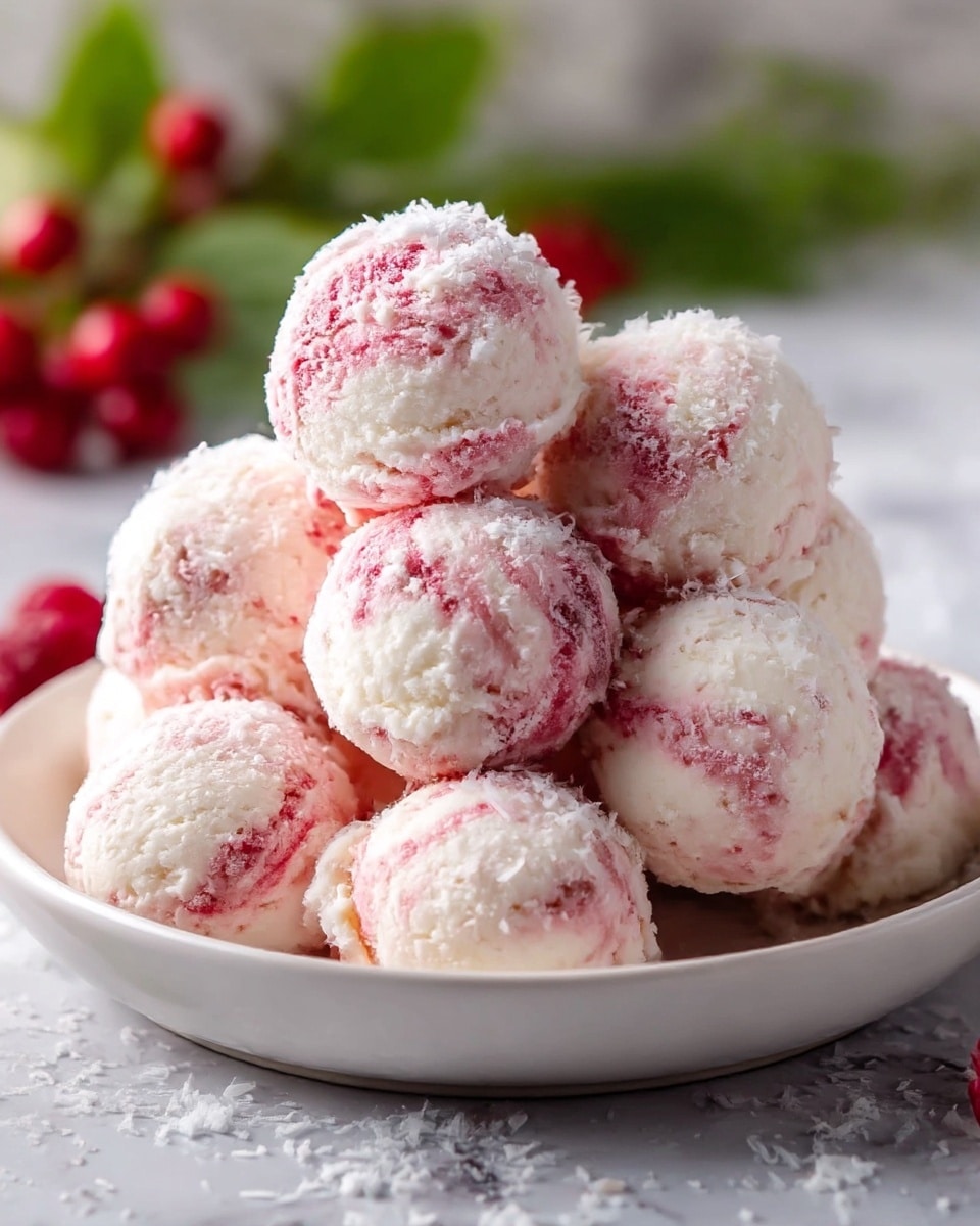 A white bowl filled with nine round scoops of creamy ice cream, each scoop showing a mix of white and pink swirled colors with a slightly rough texture due to tiny icy crystals on the surface; the scoops are stacked in a pyramid shape with some small white flakes scattered on and around them on the bowl's base; in the background, there are blurred hints of green leaves and red berries, all set on a white marbled textured base. photo taken with an iphone --ar 4:5 --v 7