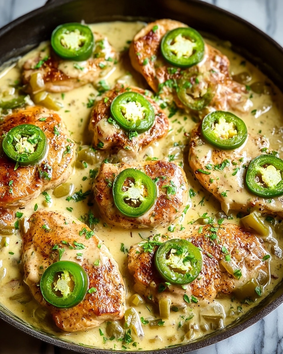 A skillet filled with seven pieces of browned, juicy chicken breasts covered in a creamy light yellow sauce with visible herbs and spices. On top of each piece are several bright green slices of jalapeño peppers. The sauce pools around the chicken, speckled with small bits of herbs and diced green peppers. The chicken pieces are arranged closely together, surrounded by a creamy sauce that adds a glossy shine. Small sprinkles of fresh chopped green herbs are scattered over the dish, giving it a fresh look. The skillet sits on a white marbled surface. photo taken with an iphone --ar 4:5 --v 7