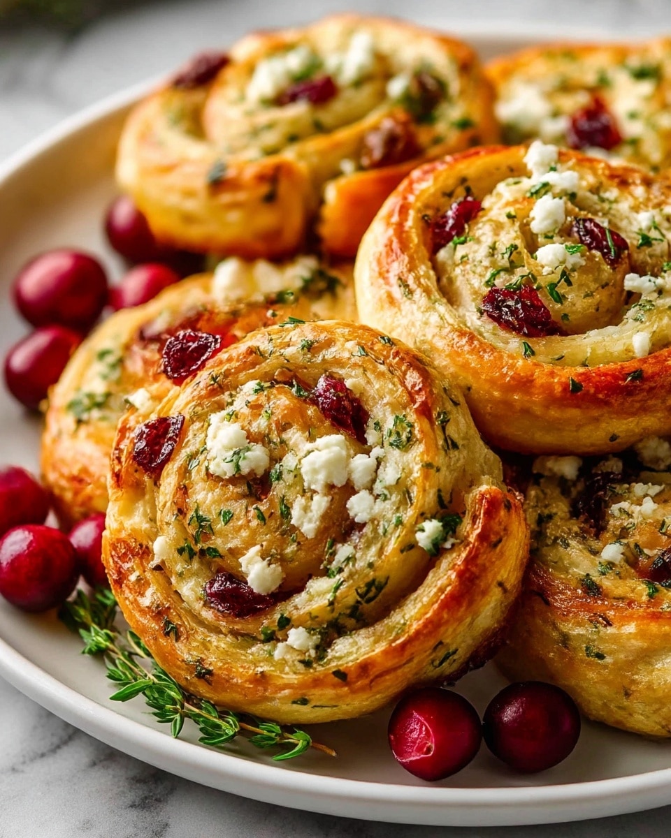 This image shows a white plate filled with golden-brown spiral pinwheels. Each pinwheel has visible layers of flaky pastry dough, sprinkled with chopped green herbs and white crumbled cheese. Inside the spirals, there are deep red berries that contrast with the creamy cheese and herbs. The plate is garnished with fresh whole red berries and a small green sprig underneath. The background is a white marbled texture, and the focus is close-up, capturing the textures of the pinwheels clearly. photo taken with an iphone --ar 4:5 --v 7