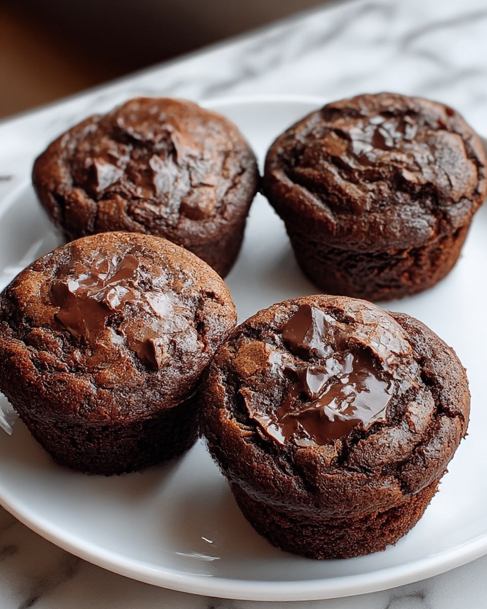 Four chocolate muffins sit close together on a round white plate, each muffin having a dark brown, cracked, slightly crispy top layer with a glossy, uneven texture showing lighter and darker chocolate shades. The muffins have a dense, moist-looking base with a rough crumb texture. The plate is placed on a white marbled surface with faint grey veins. photo taken with an iphone --ar 4:5 --v 7