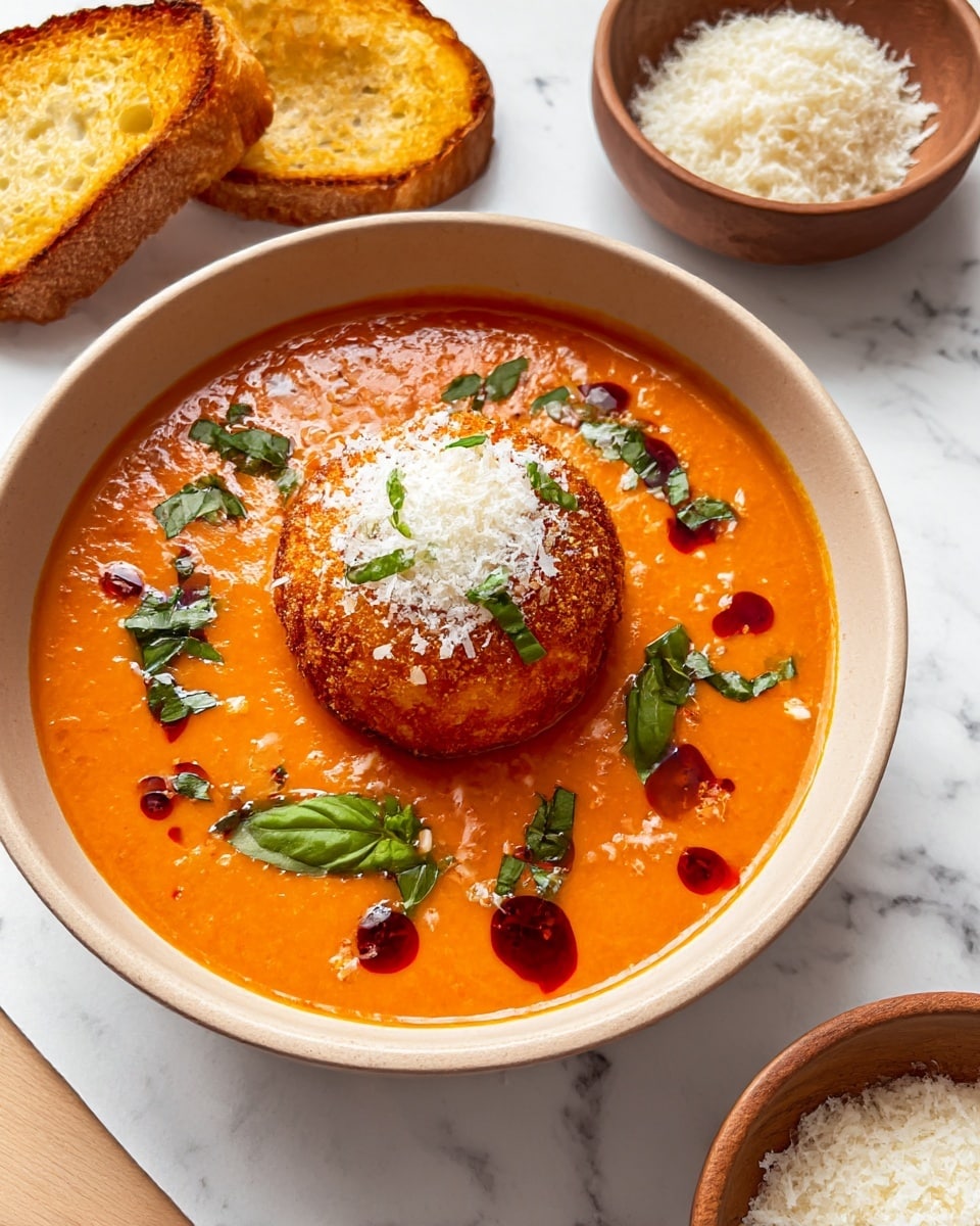 A beige bowl filled with smooth, bright orange tomato soup forms the base layer. In the center, a round, golden-brown fried cheese ball sits, topped with a small mound of grated white cheese. Around the cheese ball, there are small clusters of fresh, chopped green basil leaves and scattered patches of dark red chili oil. Additional small sprinkles of grated white cheese are placed lightly over the soup surface. Two slices of toasted golden-brown bread are placed on the white marbled surface next to the bowl. Nearby, a small brown bowl holds a mound of grated white cheese. photo taken with an iphone --ar 4:5 --v 7