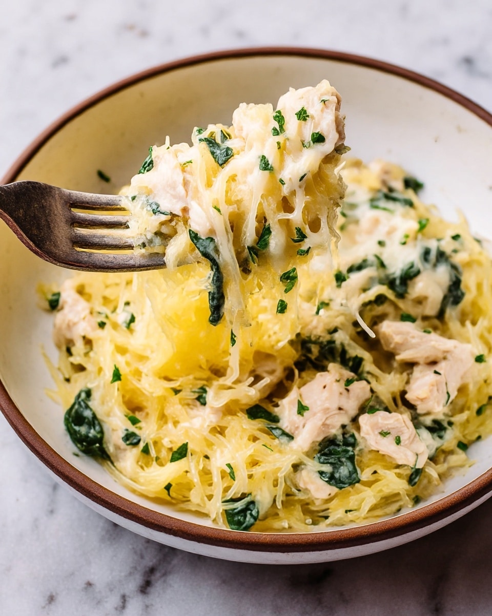 The dish shows a creamy mix of three layers: the bottom layer is yellow spaghetti squash strands with a soft texture; on top of that are tender white chunks of cooked chicken scattered evenly; the top layer has creamy melted cheese stretching lightly, mixed with green spinach leaves and sprinkled with chopped parsley for a fresh touch. The food is served in a white bowl with a brown rim, placed on a white marbled surface, and a fork holds some of the dish on the left side. photo taken with an iphone --ar 4:5 --v 7