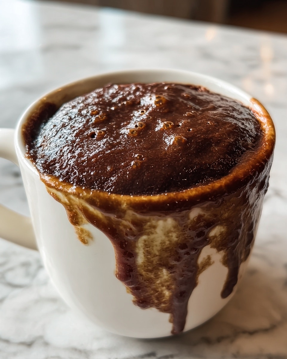A white ceramic cup filled with a thick, dark brown chocolate mug cake that has risen above the rim, showing a slightly shiny and smooth surface texture on top with small air bubbles. The sides of the cup are messy with melted chocolate batter dripping down irregularly, creating a rich, textured pattern on the white background. The cup is placed on a white marbled surface with natural light reflecting softly on the cup. photo taken with an iphone --ar 4:5 --v 7