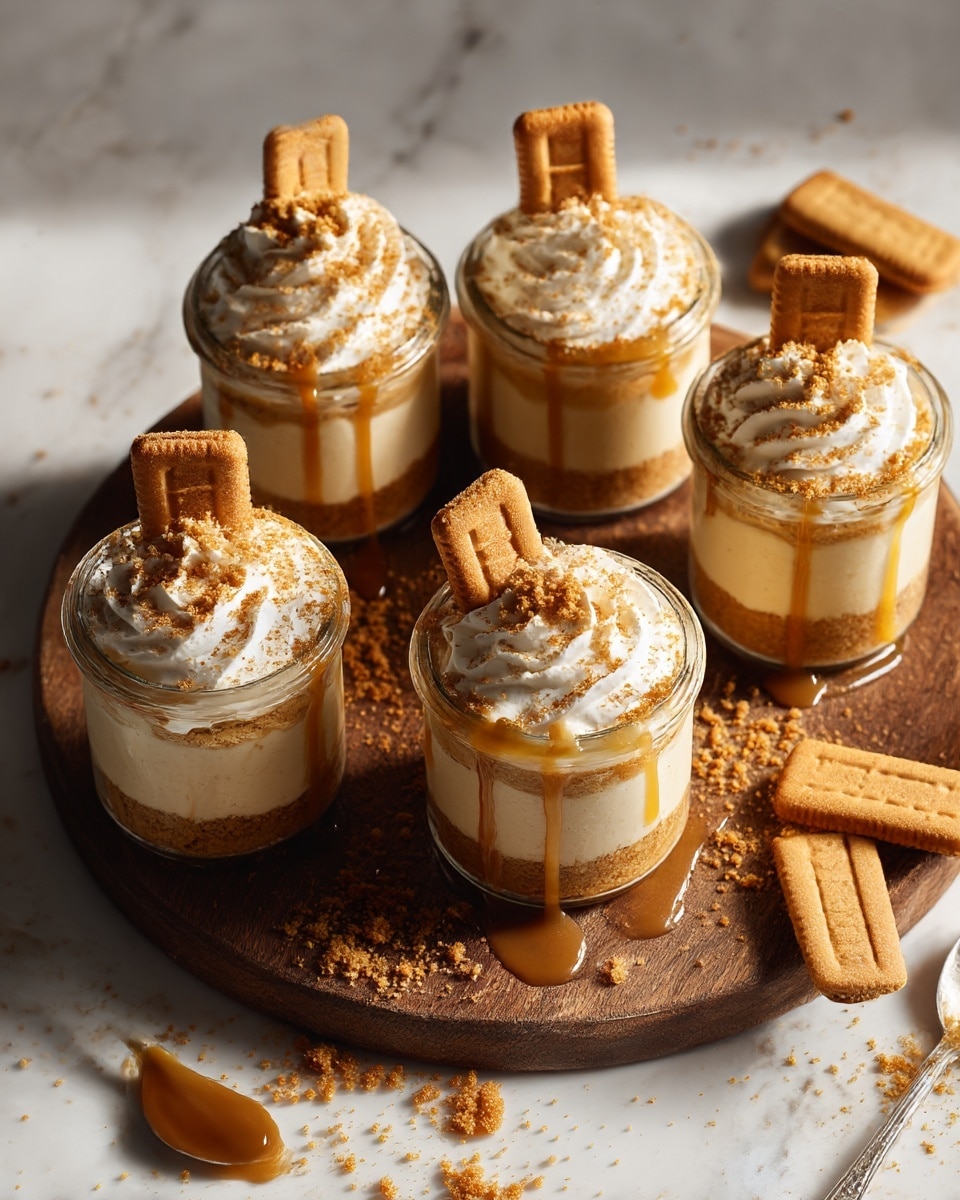 Five small glass jars sit on a round wooden board, each filled with three visible layers: a dense golden brown crumb base, a creamy light beige middle layer, and a fluffy white whipped topping. The whipped cream is swirled on top and sprinkled with fine brown crumbs, with a single rectangular biscuit stuck upright into each jar. Light caramel sauce is drizzled over the cream and crumbs on each jar. Around the board, loose biscuit crumbs are scattered on a white marbled surface along with three whole rectangular biscuits and a silver spoon coated with caramel. The lighting is warm and natural, highlighting the creamy textures and crumbly details. Photo taken with an iphone --ar 4:5 --v 7
