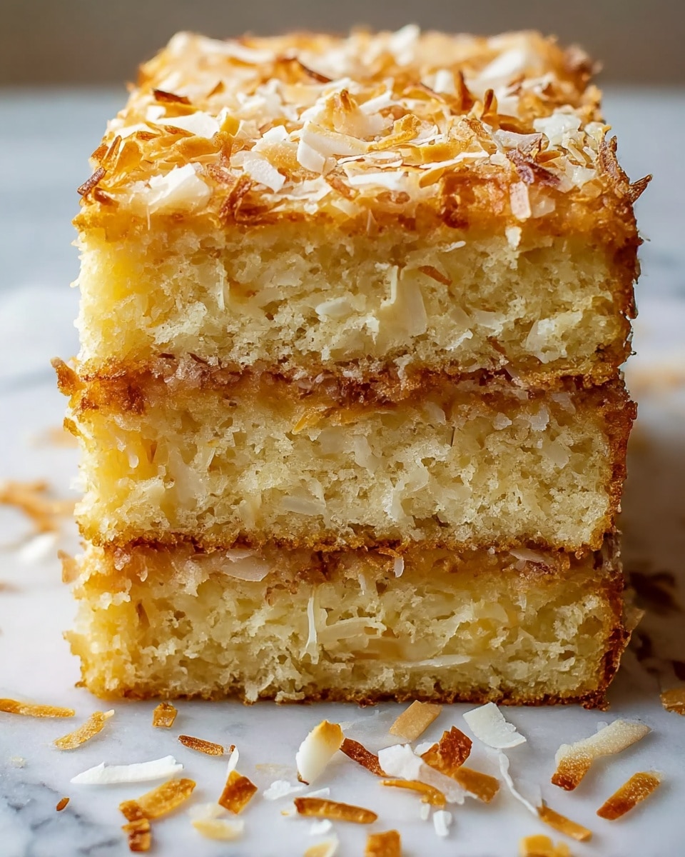 A close-up view of a moist coconut cake with four thick layers stacked on top of each other, each layer showing a light golden-brown crumb mixed with shredded coconut pieces. The top and sides are covered with toasted coconut flakes, giving a crunchy texture and deeper brown color contrast. Some loose toasted coconut flakes are scattered around the base on a white marbled surface. The cake looks soft and dense with a slightly crispy crust. photo taken with an iphone --ar 4:5 --v 7