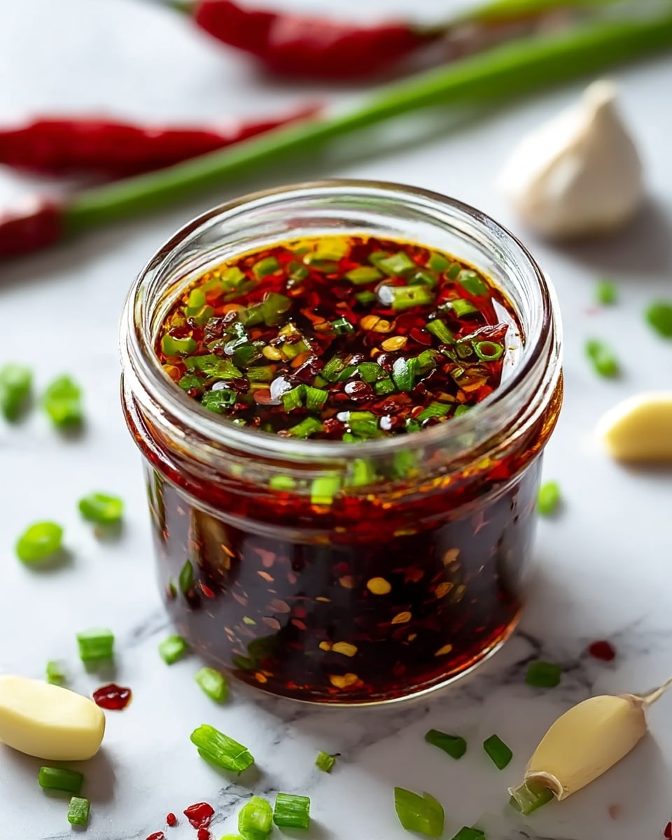A small clear glass jar filled with a dark red chili oil sauce sits on a white marbled surface. The sauce has two layers: a deep red oily layer at the bottom mixed with red chili flakes and seeds, and a top layer sprinkled with bright green chopped scallions and more chili flakes, giving a textured and fresh look. Around the jar on the surface are scattered pieces of chopped scallions, two peeled garlic cloves, and whole red chili peppers slightly blurred in the background, creating a vibrant and spicy feel. photo taken with an iphone --ar 4:5 --v 7