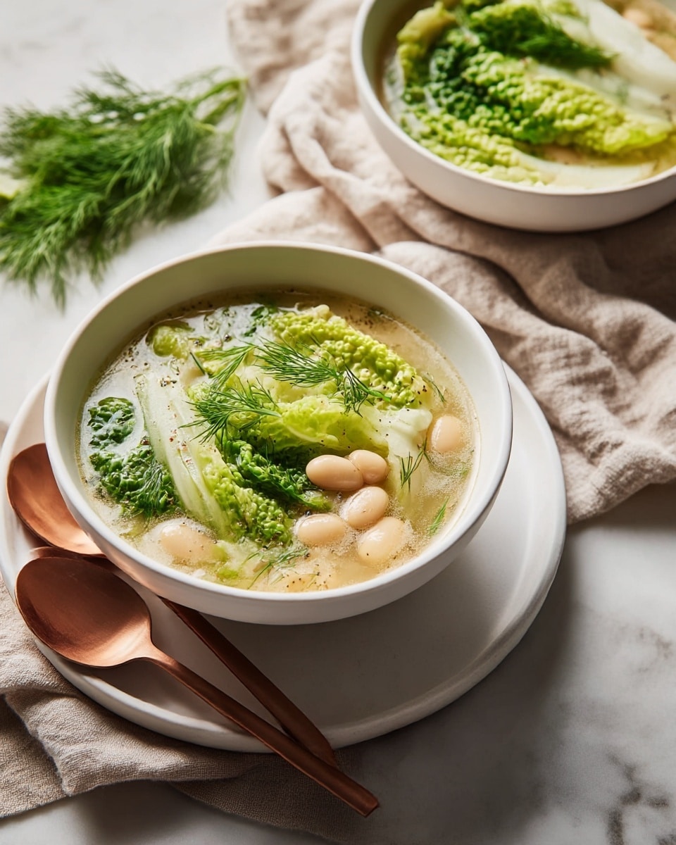 A white bowl filled with a light creamy soup featuring soft white beans and bright green napa cabbage leaves layered on top, sprinkled with fresh dill and black pepper. The soup has a thin broth visible between the layers of cabbage and beans. The bowl sits on a white round plate with two copper spoons next to it. The setting is on a beige crumpled cloth over a white marbled surface. In the background, there is another white bowl with similar soup and green cabbage leaves visible, along with a sprig of fresh dill on the side. photo taken with an iphone --ar 4:5 --v 7