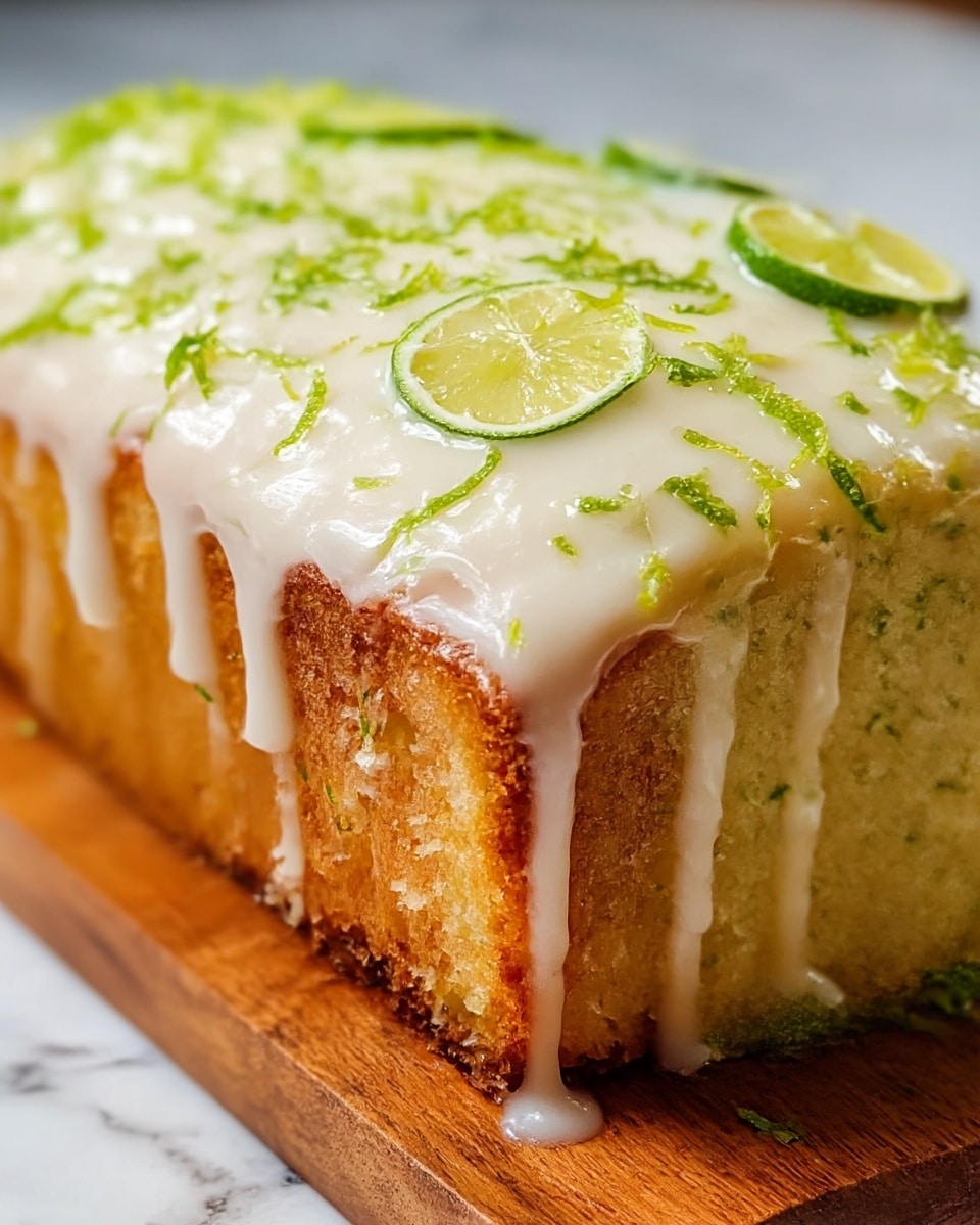 A close-up of a single-layer rectangular cake with a light golden brown crust and a soft, pale yellow inside. The top is covered with a thick layer of creamy white glaze that drips down the sides. Small green lime zest pieces are sprinkled evenly on top of the glaze, adding a fresh look. The cake is placed on a wooden board with a white marbled texture in the background. photo taken with an iphone --ar 4:5 --v 7