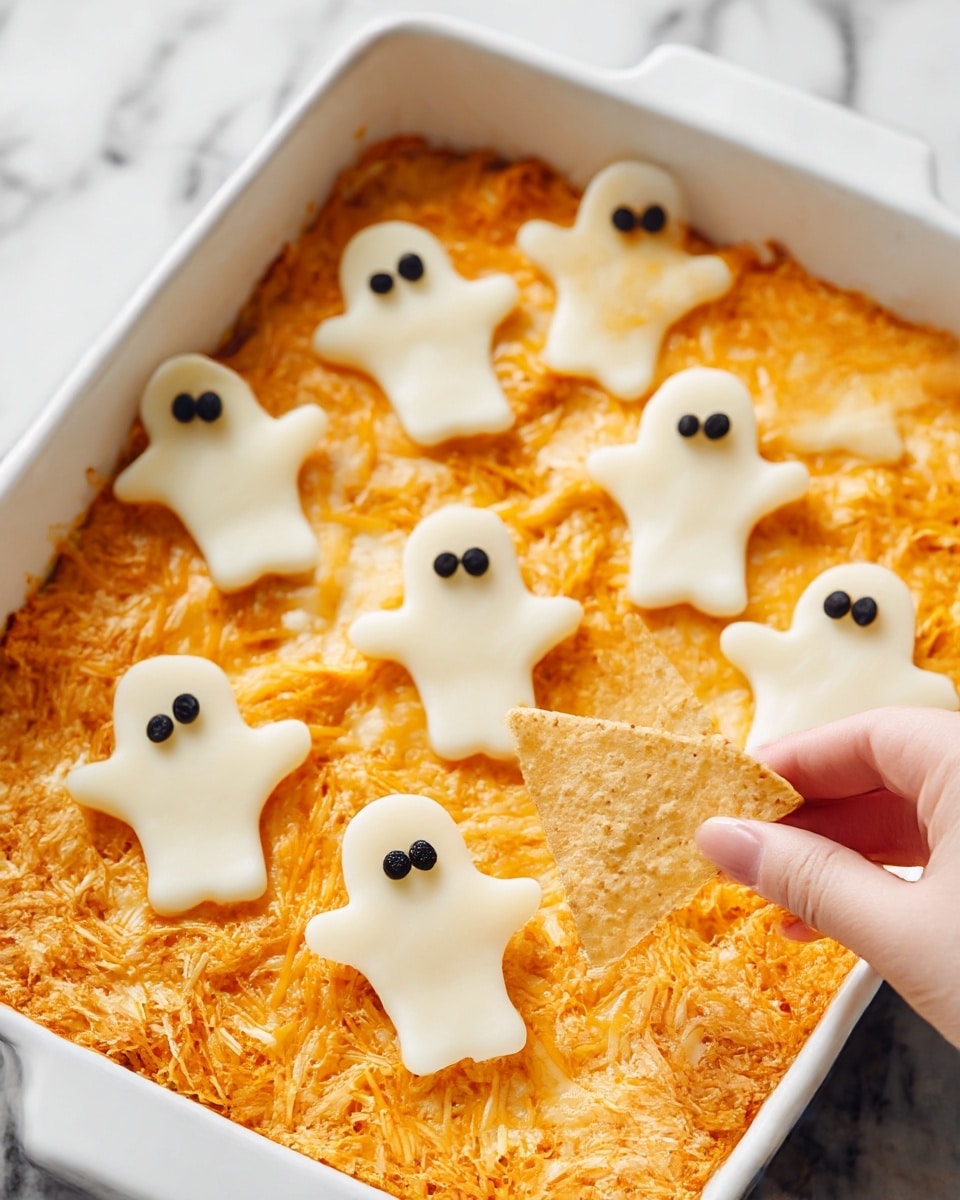 The image shows a white rectangular dish filled with an orange shredded chicken dip base covered by cute ghost-shaped cheese pieces as the top layer. There are six ghost shapes made from melted white cheese evenly placed on top; each ghost has two small black olive slices for eyes. The shredded chicken layer underneath is textured and spreads across the whole dish, shining slightly with melted cheese. A woman's hand is picking up a triangle-shaped tortilla chip with one ghost cheese and shredded chicken stuck to it, showing the layers clearly. The dish sits on a white marbled surface. photo taken with an iphone --ar 4:5 --v 7