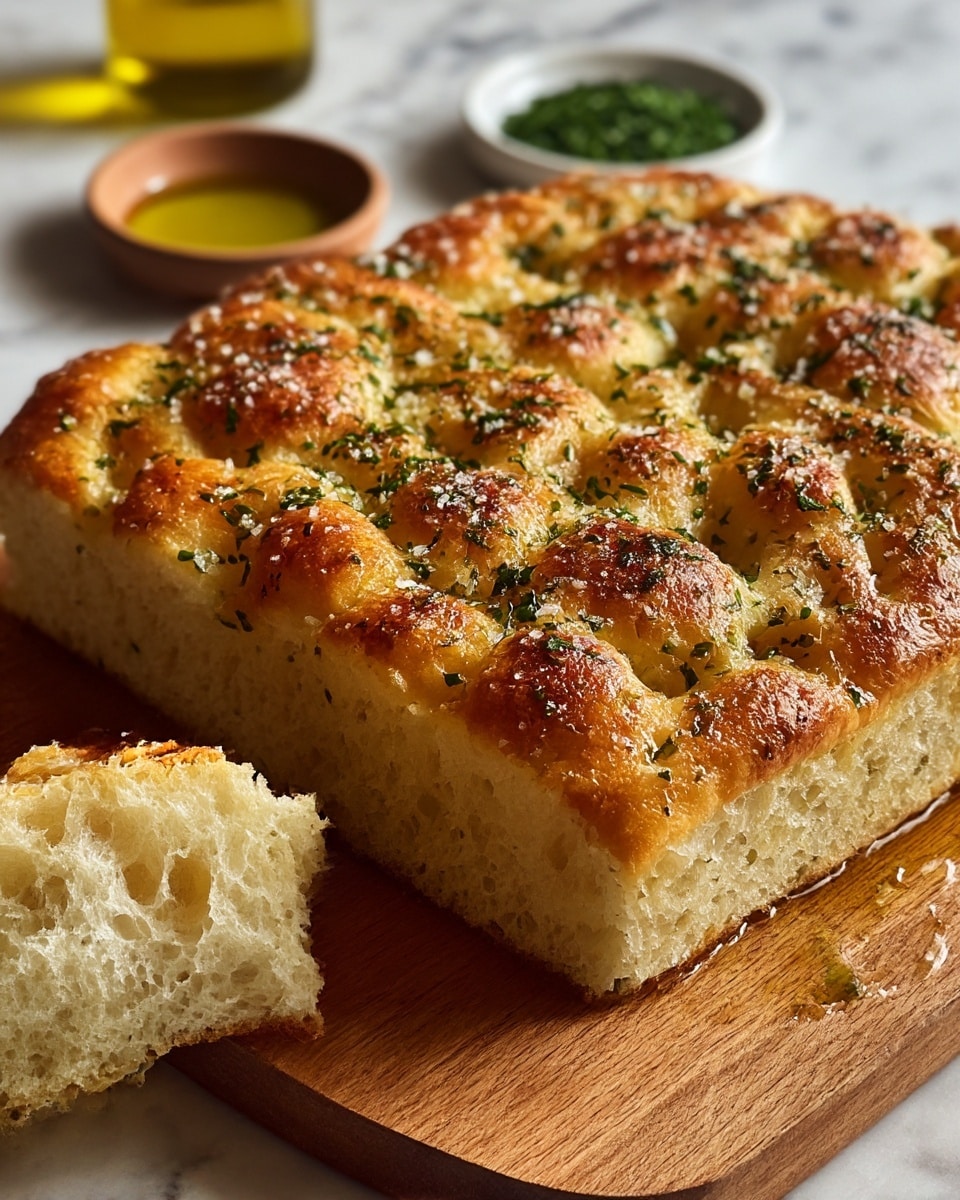 The image shows a thick, square focaccia bread with a golden-brown crust and a soft, airy inside visible where a piece has been cut out from the bottom left corner. The top surface has many dimples and is sprinkled with coarse salt and finely chopped green herbs, giving texture and color contrast. The bread is resting on a wooden board, with some oil glistening on top and a small dish of green herbs blurred in the background. The scene sits on a white marbled surface. photo taken with an iphone --ar 4:5 --v 7