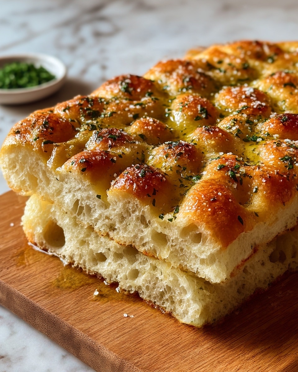 A thick square focaccia bread with a light golden-brown crust sits on a wooden board. The top layer is bubbly and textured with deep indentations filled with glistening olive oil, sprinkled with green herbs and coarse salt, giving a shiny and slightly crunchy look. The inside layers are airy and soft with a pale cream color, showing a fluffy texture. The background has a soft, blurry white marbled texture with a small white bowl of chopped green herbs in the distance. photo taken with an iphone --ar 4:5 --v 7