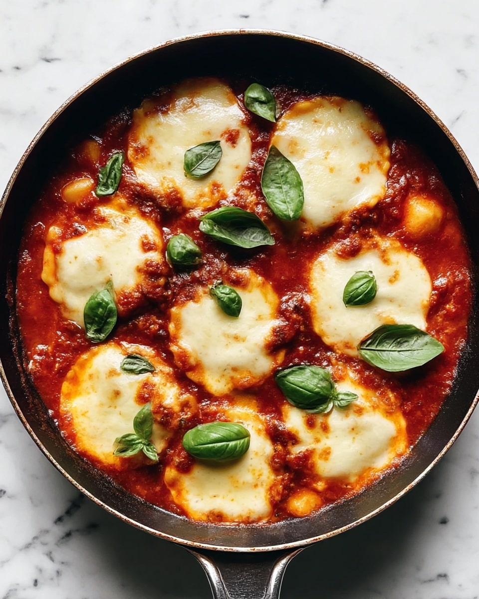 A black round pan holds a dish with seven pieces of round ravioli, each topped with melted white cheese that is slightly browned. The ravioli rest in a thick, rich red tomato sauce. Bright green fresh basil leaves are scattered on top, adding a fresh contrast to the red and white colors. The pan sits on a white marbled surface, making the colors of the dish stand out clearly. photo taken with an iphone --ar 4:5 --v 7