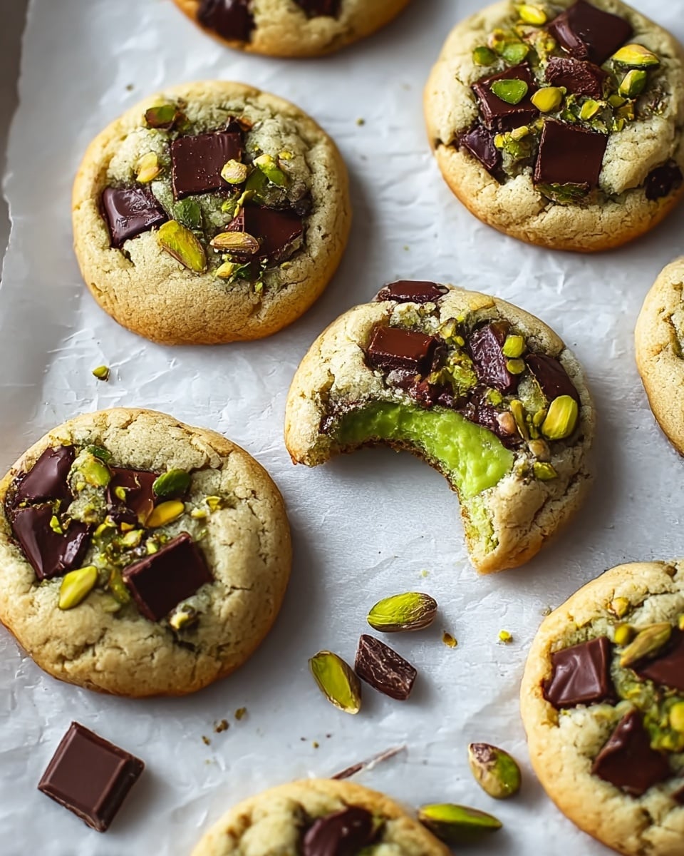 The image shows six round cookies with a light golden-brown color, each topped with dark brown chunks of chocolate and bright green pistachios scattered on the surface. One cookie in the center has a bite taken out, revealing a smooth, bright green filling inside. The cookies have a soft, slightly cracked texture and are placed close together on a sheet of white parchment paper, which rests on a white marbled surface. Small pieces of chocolate and pistachio are scattered around the cookies, adding to the natural, homemade look. photo taken with an iphone --ar 4:5 --v 7