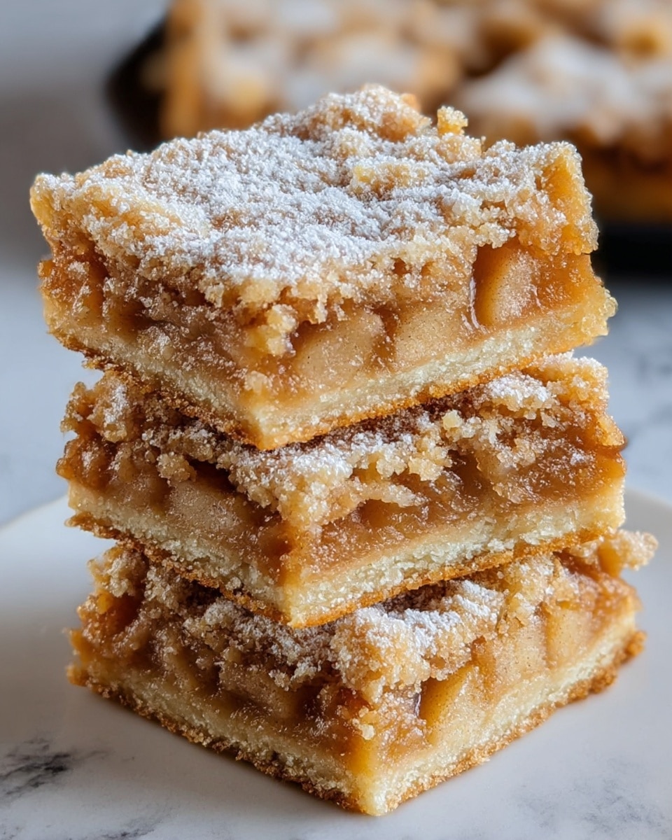 The image shows three square pieces of apple bars stacked on top of each other on a white plate. Each piece has three layers: a crumbly golden brown crust on the bottom, a thick middle layer of soft, caramel-colored apple filling with visible apple chunks, and a crumbly golden brown topping dusted lightly with powdered sugar. The texture of the crust and topping looks crumbly and slightly rough, while the filling appears smooth and moist, with apple pieces adding softness. The whole stack sits on a white marbled surface. photo taken with an iphone --ar 4:5 --v 7
