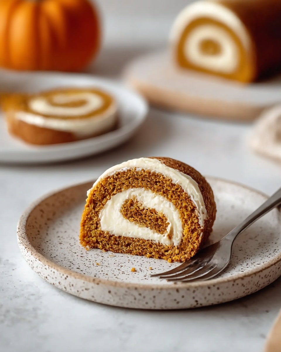 A single slice of a pumpkin roll cake is presented on a round white speckled plate, showing two main layers: a moist, textured, brownish-orange cake rolled tightly around a smooth, creamy white filling that spirals inward. The slice has a slight crumbly edge with a soft, dense look, and a silver fork rests beside it on the plate. In the background, a blurred whole pumpkin and a larger piece of the roll on a white plate are set on a white marbled surface. The overall scene is warm and inviting with soft natural lighting. photo taken with an iphone --ar 4:5 --v 7