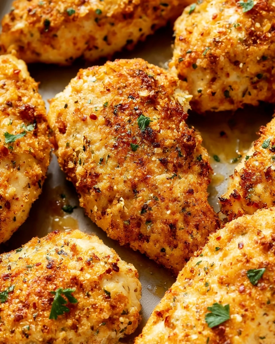 The image shows several pieces of golden-brown baked chicken breasts close together. Each piece has a crunchy, textured coating with visible herbs and small bits of seasoning. The chicken pieces have a warm, toasted color with some darker browned spots and small green parsley leaves sprinkled on top. The surface beneath the chicken is slightly shiny, indicating some juices or oil. Photo taken with an iphone --ar 4:5 --v 7