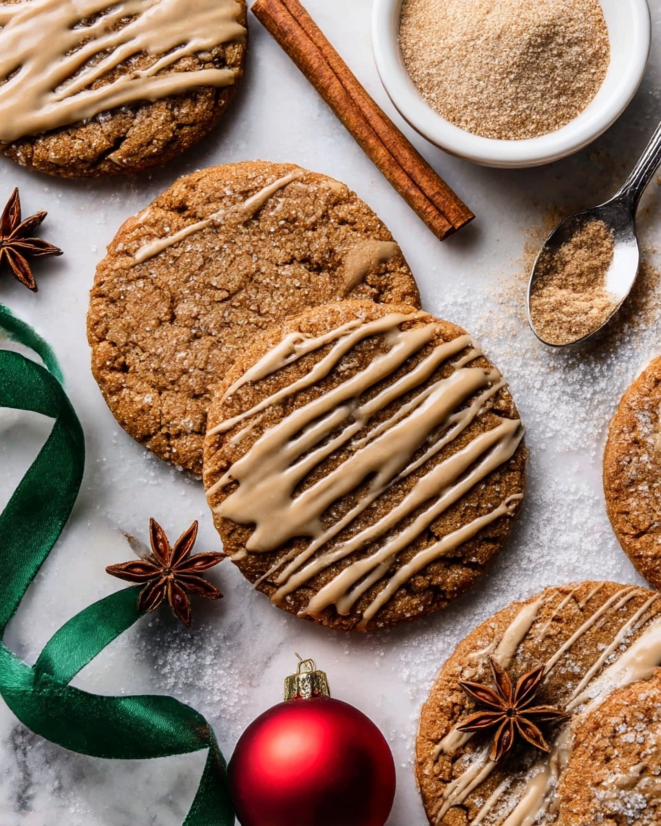 The image shows several large round cookies with a rough, cracked texture in a rich brown color, each topped with thick, light tan icing drizzled in uneven stripes and patches across the surface. The cookies are placed on a white marbled surface lightly dusted with powdered sugar, enhancing their texture. Around the cookies are two cinnamon sticks and two star anise pieces, alongside a white bowl filled with beige powder and a metal spoon. A shiny red Christmas ornament and a green ribbon curl loosely among the cookies, adding a festive touch. Photo taken with an iphone --ar 4:5 --v 7