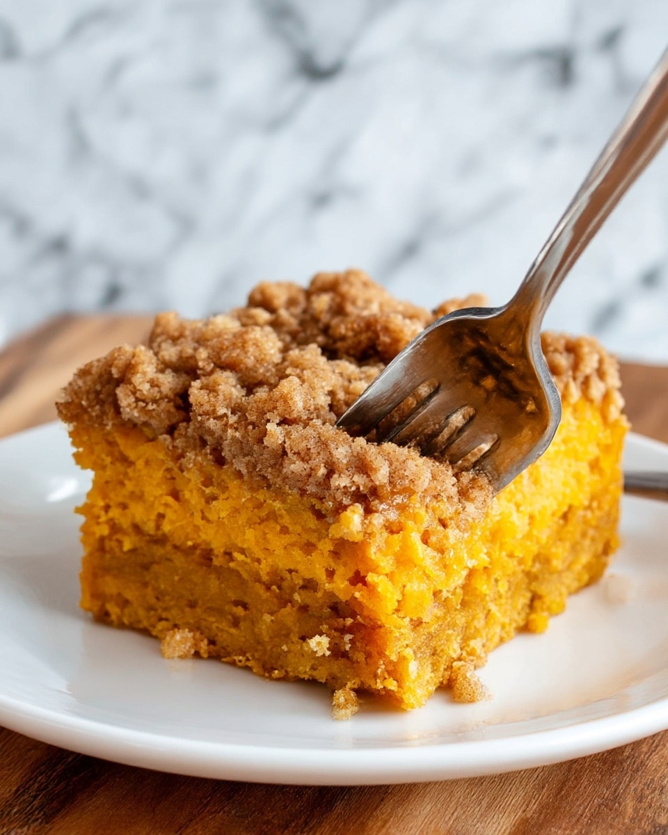 A thick square piece of orange-colored cake with a crumbly brown topping is shown on a white plate. The cake has two visible layers: a dense, moist orange base layer and a rough, crunchy brown crumble layer on top. A metal fork is slicing into the right side of the cake, pressing down into the crumb topping. The plate rests on a wooden surface with a blurred white marbled texture background. photo taken with an iphone --ar 4:5 --v 7