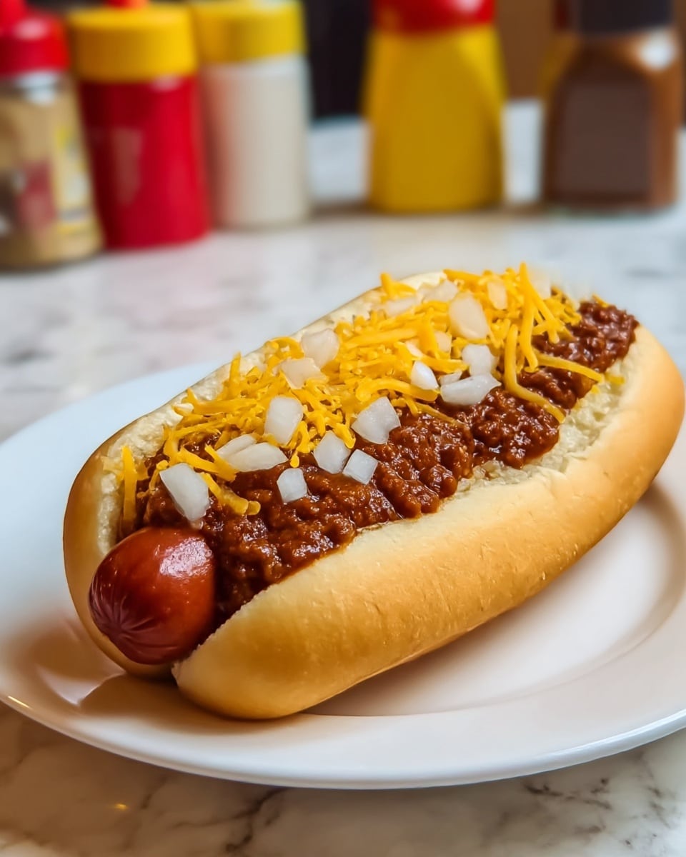 A hot dog with a golden brown sausage in a soft, light tan bun. On top of the sausage, there is a thick, dark reddish-brown chili sauce layer that covers the center length of the sausage. Above the chili, there are small white chopped onions scattered across evenly, and bright yellow shredded cheddar cheese sprinkled on top. The hot dog sits on a clean white plate, placed on a table with a white marbled texture. In the background, there are red, yellow, and brown condiment bottles slightly out of focus. Photo taken with an iphone --ar 4:5 --v 7
