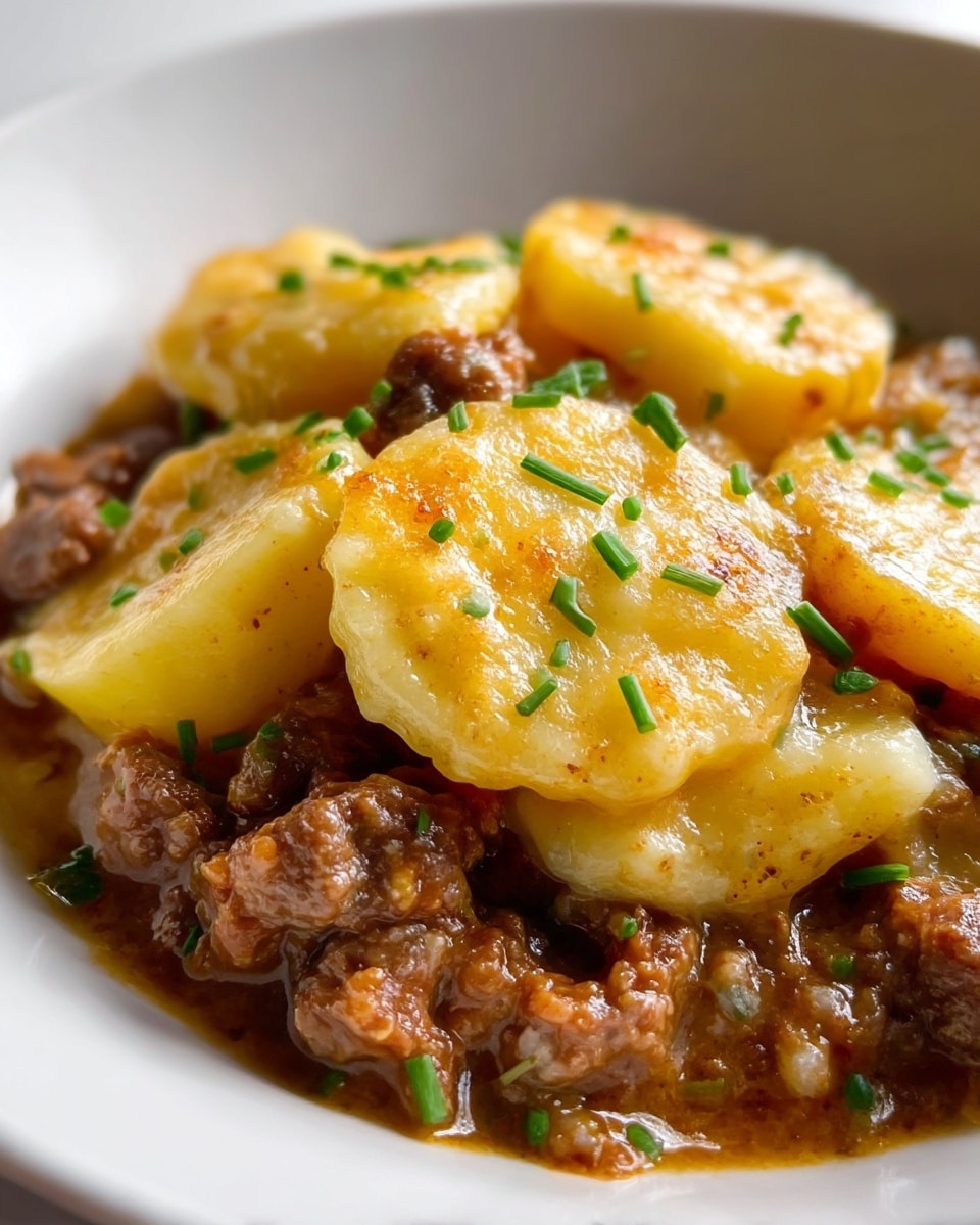 The dish is served in a white bowl with a stew-like mix of three clear layers visible: the bottom layer is a rich, brown meat sauce with small chunks and ground meat, the middle layer consists of thick, soft, pale yellow potato slices covering the meat partially, and the top layer features melted golden cheese that's slightly bubbly and browned in some spots. Scattered around the top are small green chopped chives adding a fresh touch, and the whole dish has a glossy, slightly creamy texture with hints of seasoning visible on the potato slices. Photo taken with an iphone --ar 4:5 --v 7