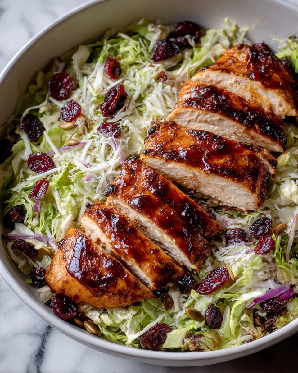 The image shows a white bowl filled with a mixed salad base of shredded light green cabbage and thin slices of purple onion, scattered with dark red dried cranberries and some sunflower seeds. On top, there are two thick pieces of grilled chicken breast with a glossy, dark brown charred glaze, sliced but still connected at the base, lying side by side. Small bits of shredded white cheese are sprinkled over the salad, adding a light contrast to the rich colors of the chicken and vegetables. The bowl sits on a white marbled surface. photo taken with an iphone --ar 4:5 --v 7