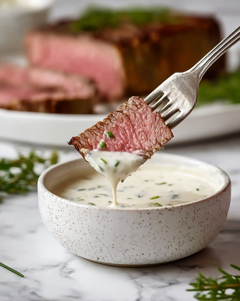 A fork holds a medium-rare slice of steak with a pink center and a seared brown edge, partially dipped in a creamy white sauce with small green chive pieces visible. The sauce drips slightly from the steak back into a white speckled bowl filled nearly to the top with the sauce. In the background, a large cut of steak rests on a white plate on a white marbled surface, with some green herbs placed nearby. Photo taken with an iphone --ar 4:5 --v 7
